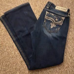 ROCK REVIVAL Size 31 Dark Wash Distressed Betty Bejeweled Fleur De Lis Boot